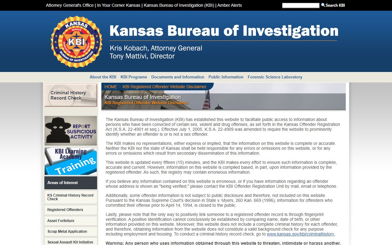 Haskell County warrant records KBI registered offender website disclaimer