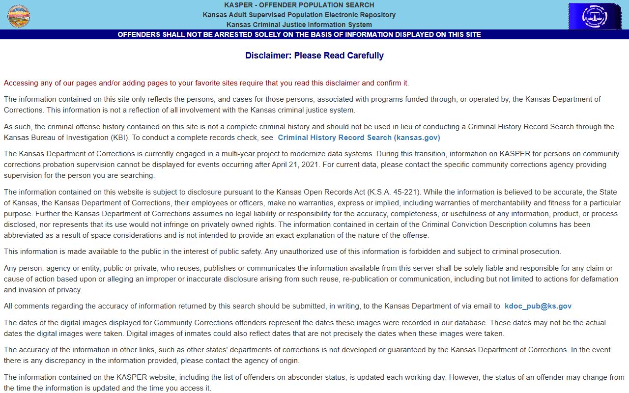 Haskell County warrant search KDOC KASPER offender search disclaimer